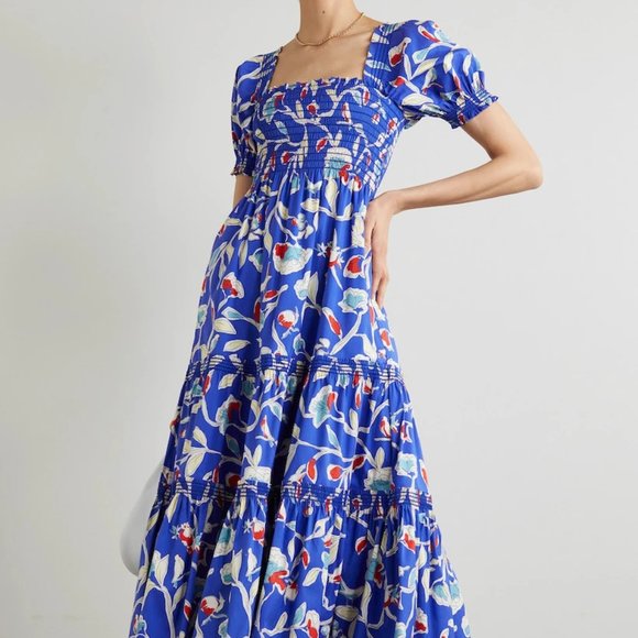 Tory Burch Wonderland Vine Smocked Floral Cotton Maxi Dress Size S/P Navy Orange - Picture 12 of 12